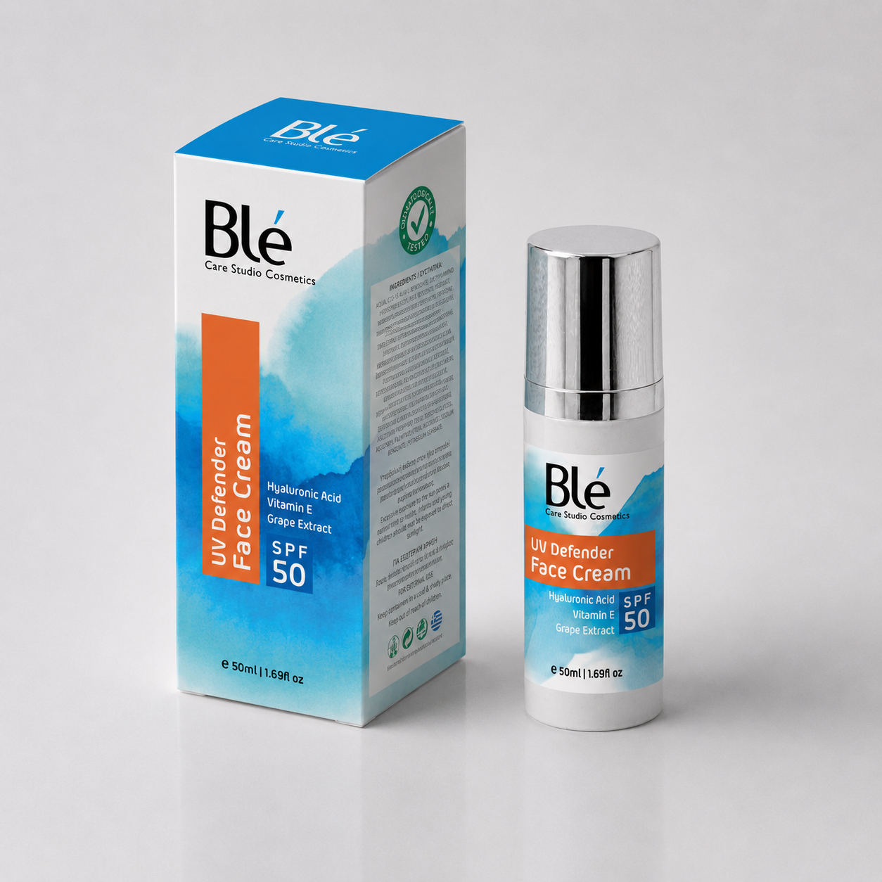 Αντιηλιακή κρέμα προσώπου SPF50 με ματ αποτέλεσμα και υαλουρονικό οξύ Blé Care UV Defender Face Cream.